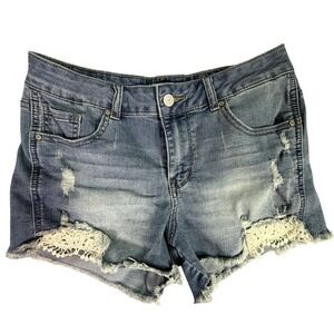 Denim Mini Shorts Women Size 28‎ Distressed Crochet Fray Hem Blue